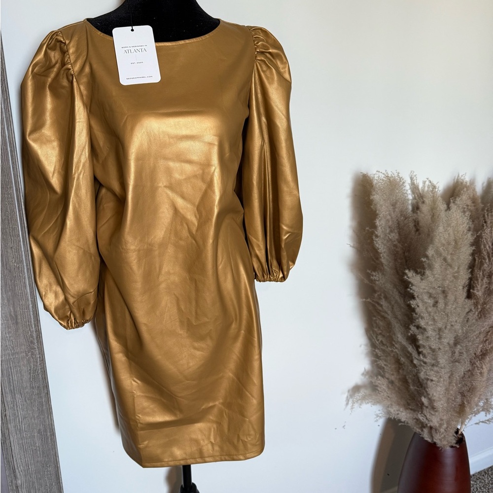 Gold Sheath Dress with Puff Sleeves and Bateau Neckline